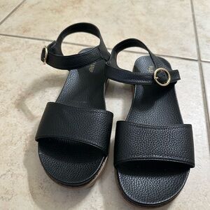 Black Leather Sandals with Gold Buckle